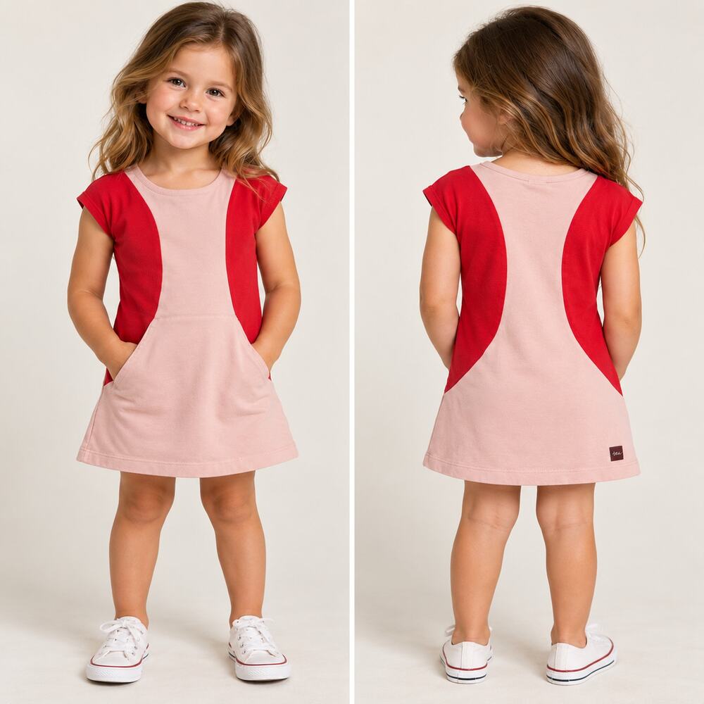 Tea Collection Girls Dress Kids Size 3 Pink Red Casual A-Line Colorblock Cotton